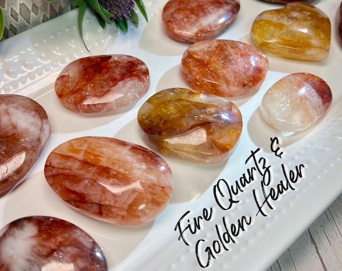 Fire Quartz and Golden Healer Palm Stone, Fire Quartz and Golden Healer Heart, Fire Quartz Crystal, Golden Healer Crystal