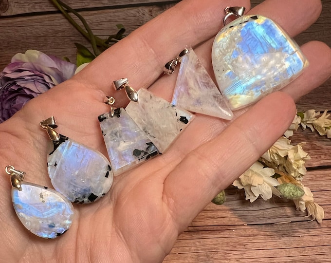 Rainbow Moonstone Pendant, Moonstone Pendant Crystal Jewelry, 925 Silver Clasp