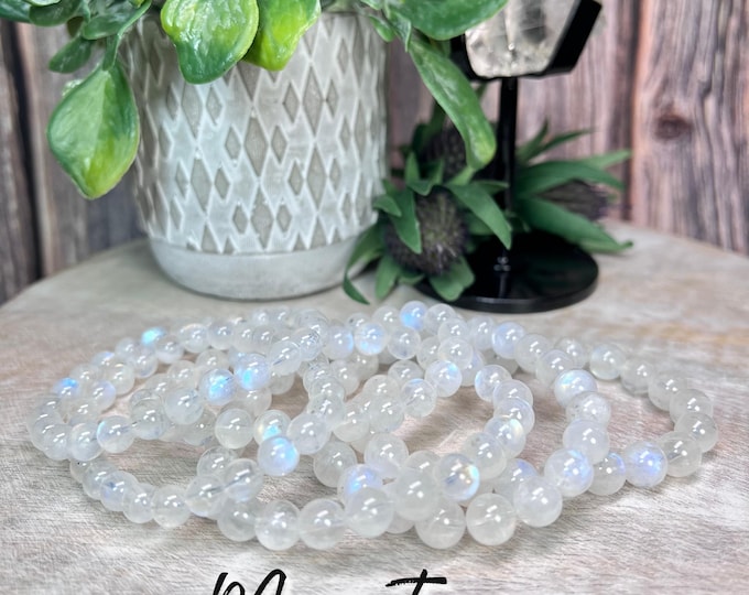 Rainbow Moonstone Bracelet, Rainbow Flash Moonstone Bracelet, Elastic String, 7-8mm or  8-9mm Round Beads