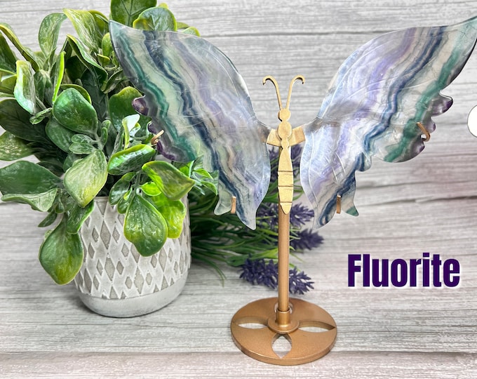 Blue Green Fluorite Butterfly Wings, Hand Carved Crystal Butterfly Wings, Fluorite Wings with Custom Metal Stand