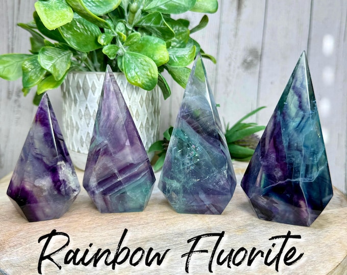 Rainbow Fluorite Freeform Flame, Rainbow Fluorite Pyramid Flame, Fluorite Crystal Carving, Rainbow Inclusions