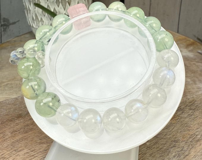 Prehnite + Rose Quartz + Blue Moonstone Crystal Bracelet, DIY Crystal Bracelet, Nurturing and Heart-Centered Crystals (LLB35)