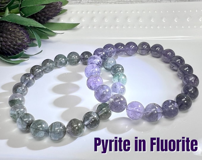 Glittery Pyrite in Fluorite Bracelet, Fluorite with Pyrite Inclusions, Fluorite Crystal Bracelet, 9-10mm Round Beads (2)
