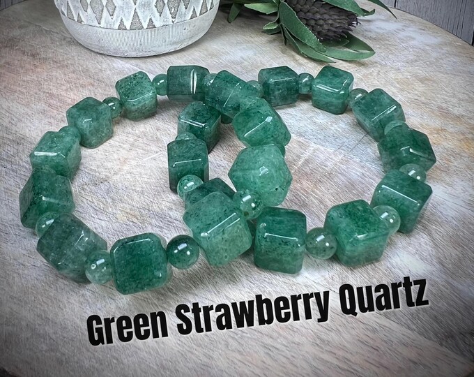 Green Strawberry Quartz Cube Bracelet, Strawberry Quartz Crystal Bracelet, Stretchy Bracelet, 12mm Cube Beads