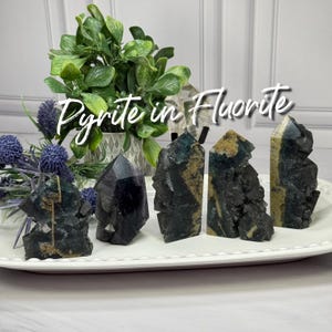 May include: A collection of Pyrite in Fluorite crystals, showcasing a range of dark green, black, and tan hues. The crystals are displayed on a white platter, with a backdrop of greenery and decorative flowers. The text "Pyrite in Fluorite" is overlaid on the image.
