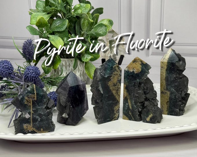 Pyrite in Fluorite Tower, Raw Edge, Fluorite with Pyrite, Galaxy Fluorite
