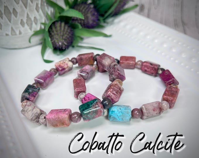 Cobalto Calcite Bracelet, Cobalto Calcite Rectangle Bead Bracelet, Polished Pink Cobalto Calcite, Cobaltoan Calcite