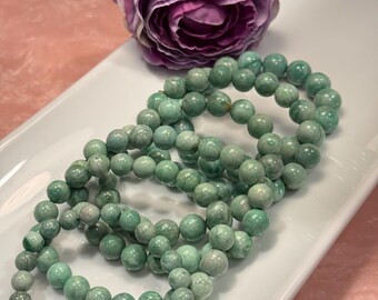 Variscite Bracelet, 7-8mm or 9-10mm or 10-11mm or 11-12mm, Round Beads, Elastic & Stretchy, Green Crystal Bracelet
