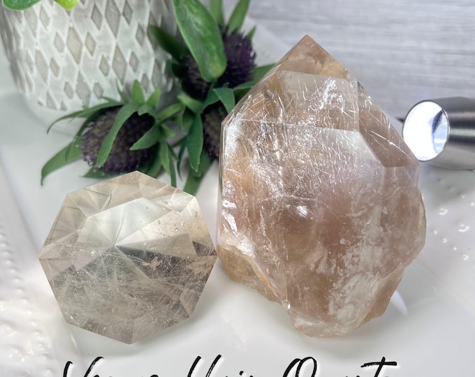 Rutilated Smoky Quartz in Quartz Freeform with Pink Rabbit Hair Rutile, Rutilated Garden Quartz Diamond, "Hairs of Venus" Rutile Inclusions