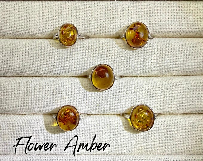 Flower Amber Ring, Flower Amber Crystal Ring, Amber Ring, 925 Silver Adjustable Band