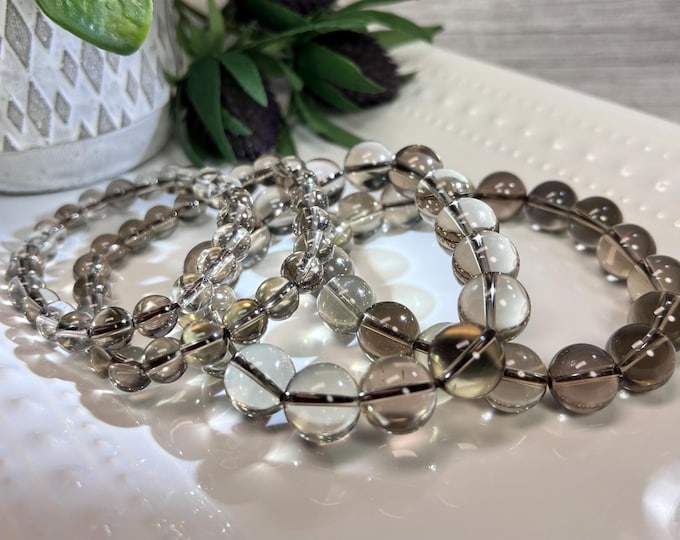 Smoky Quartz Bracelet, Light Smoky Quartz Crystal Bracelet, 8-9mm or 12-13mm Round Beads