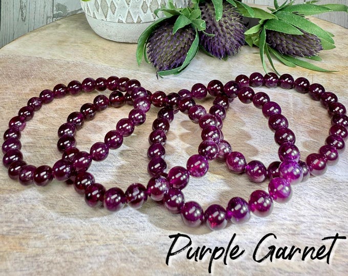 Purple Garnet Bracelet, Garnet Crystal Bracelet, 7-8mm Round Beads, Stimulates Creativity and Imagination