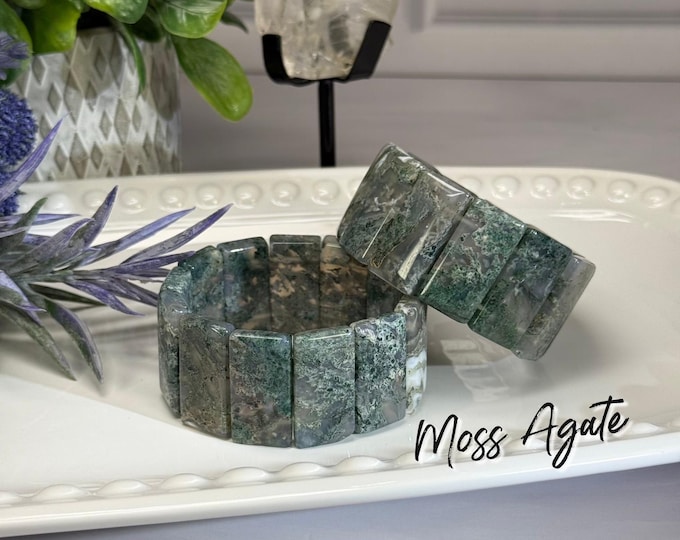 Moss Agate Bracelet, Large Moss Agate Soft Bangle Bracelet, Rectangle Beads, Green Moss, Stretchy Bangle Bracelet