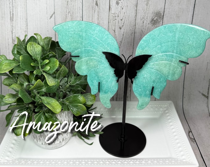 Amazonite Butterfly Wings, Amazonite Crystal Butterfly Wings, Amazonite Crystal, Custom Metal Stand