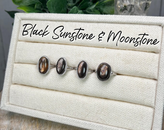 Beautiful Black Gold Sunstone and Moonstone Ring, High Quality Black Sunstone Crystal Ring, 925 Silver Adjustable Ring