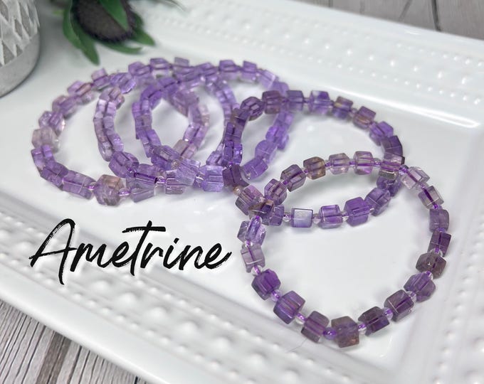 Amethyst Crystal Cube Bracelet, Amethyst with Citrine Crystal Bracelet, Ametrine Bracelet, Rectangle Freeform Cubed Beads