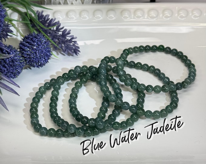Blue Water Jadeite Bracelet, Jadeite Jewelry, 6mm Round Beads