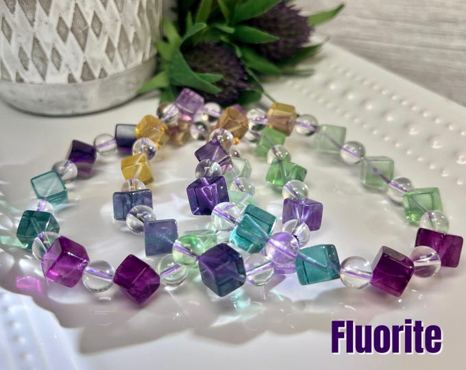 Colorful Fluorite Cubes Bracelet, Rainbow Fluorite Cubes with Clear Quartz Bracelet