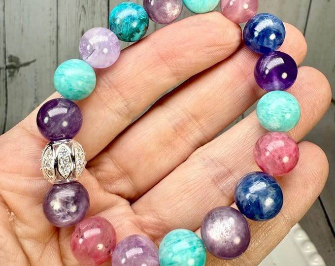 Kyanite + Purple Mica + Amazonite + Rhodonite + Amethyst + Chrysocolla Crystal DIY Bracelet, White Copper Rhinestone Accent Bead (LLB38)