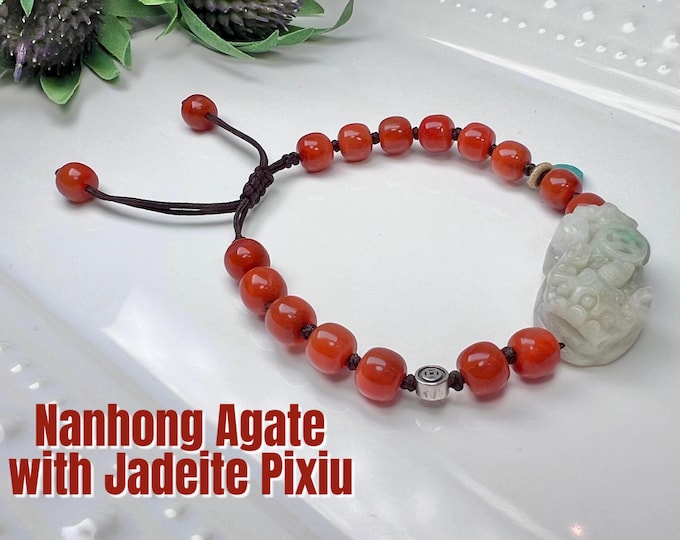 Unique Red Agate with Jadeite Pixiu Bracelet, Nanhong Agate, Adjustable Cord Bracelet