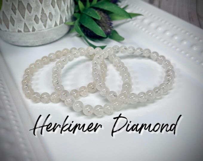 Herkimer Diamond Crystal Bracelet, Herkimer Diamond Bracelet, 6-7mm Round Beads, High UV Reaction