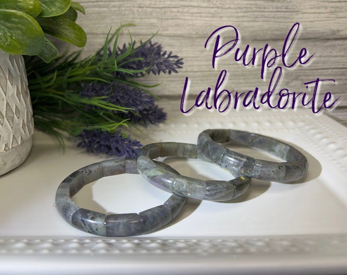 Purple Labradorite Bracelet, Labradorite Soft Bangle Bracelet, Labradorite Stretchy Bracelet, Rectangle Beads