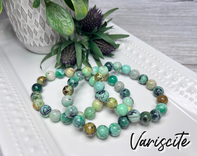 Variscite Bracelet, Green Variscite Crystal, 10-11mm Round Beads, Stretchy Bracelet, Green Crystal Bracelet