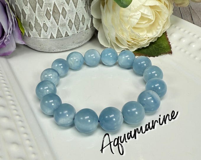 Aquamarine Bracelet, 13mm Round Beads, Blue Crystal Bracelet, Protective & Calming