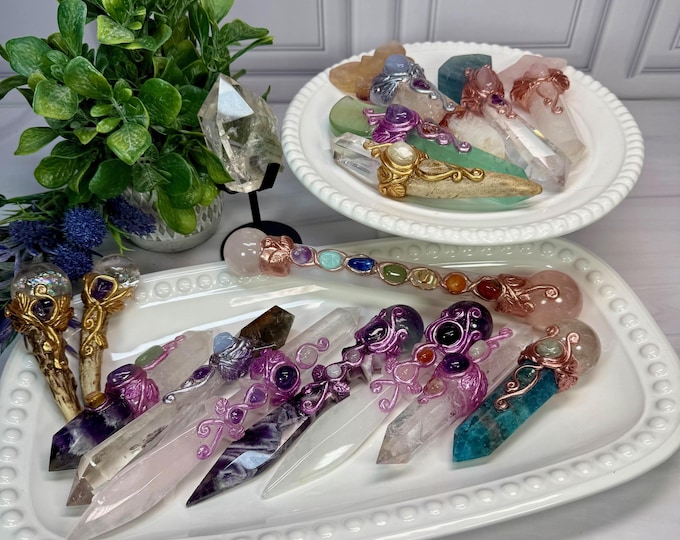 Natural Crystal Wand with Decorative Accent Crystals, Healing Crystal Wand, Scepter, Protective Wand, Chakra Tool (Set#2)