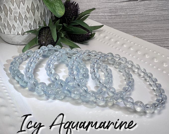 Icy Aquamarine Bracelet, Aquamarine Crystal Bracelet, 7-8mm or 8-9mm Round Beads, Protective & Calming