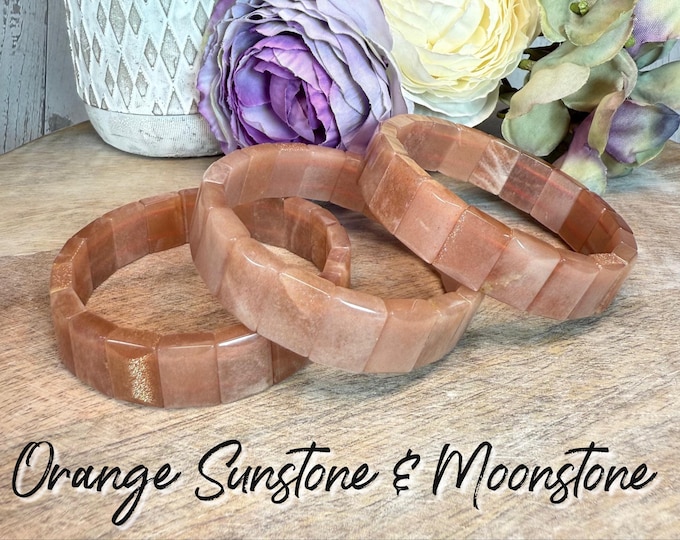 Orange Moonstone with Sunstone Bracelet, Soft Bangle Crystal Bracelet, Moonstone and Sunstone Crystal Bracelet