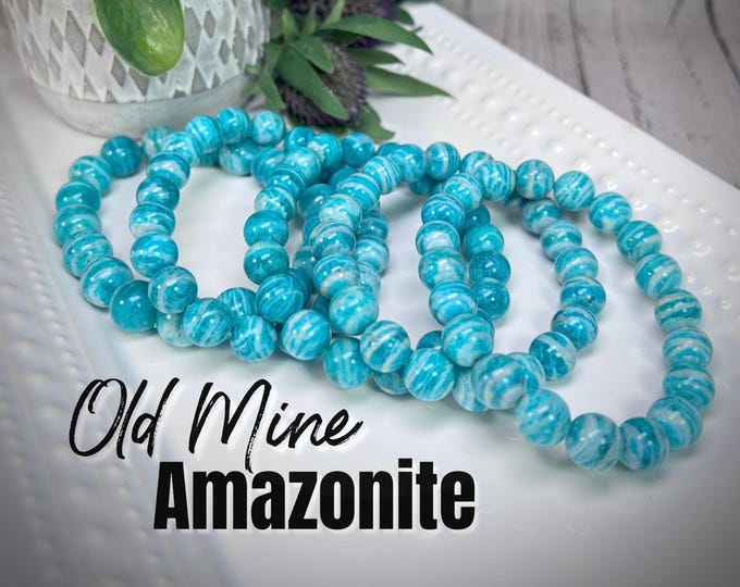 Old Mine Amazonite Bracelet, Natural Color Amazonite, 10-11mm or 11-12mm Round Bead Bracelet - Stone of Success and Abundance