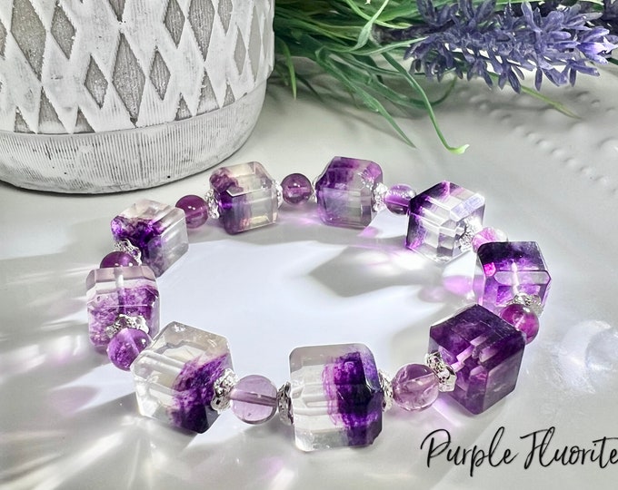 Beautiful Purple Fluorite Cube Bracelet, Half Purple Fluorite - Half Clear, 12.5mm Cube Beads, 6mm Round Beads, 925 Silver Accents