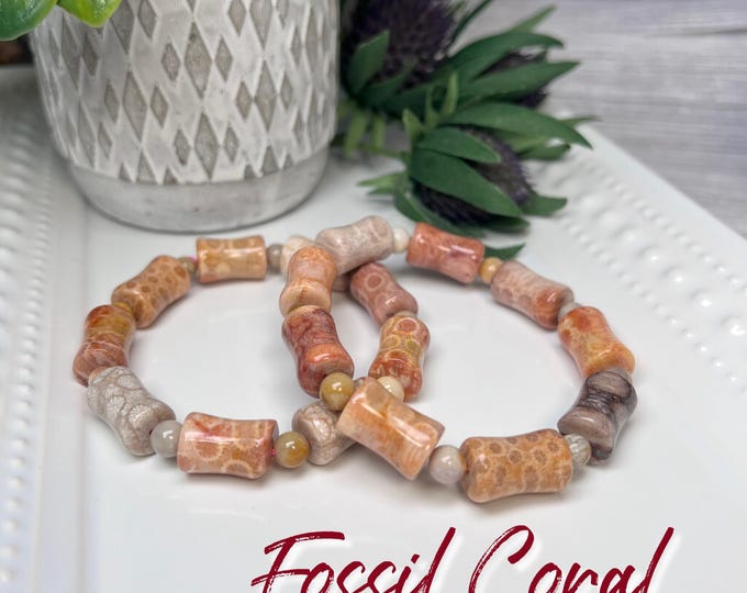 Fossilized Coral Barrel Bead Bracelets, Coral Fossil, Agatized Coral, Agatized Coral, Barrel Shape Beads (1)