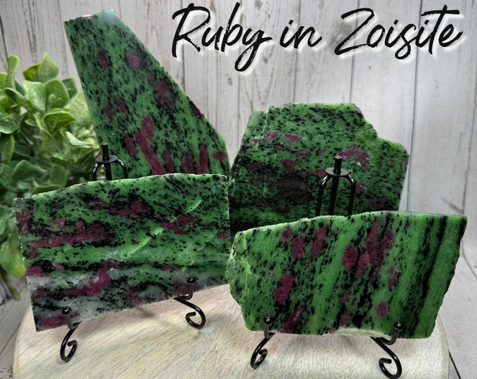 Ruby Zoisite Slab on Metal Stand, Ruby in Green Zoisite, Anyolite Slab, UV Reactive