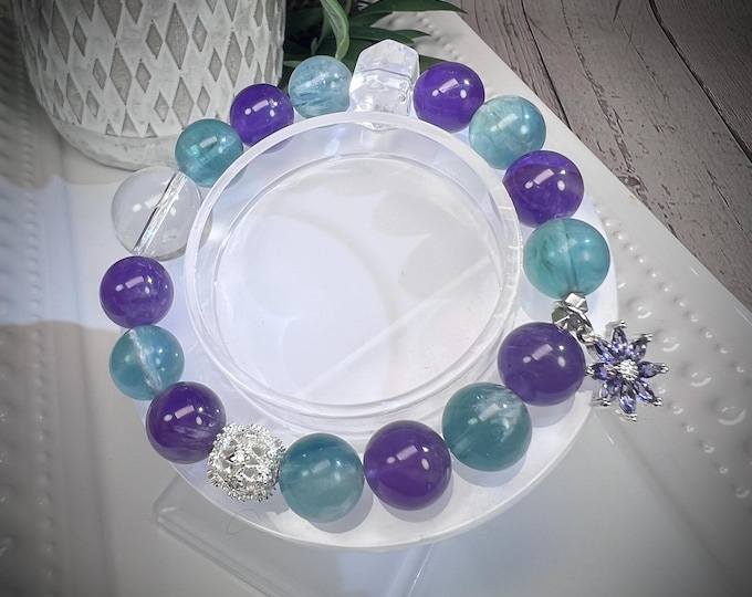 Amethyst with Blue Feather Fluorite and Clear Quartz DIY Bracelet, White Copper Accent Beads, Amethyst Flower Charm (LLB1)