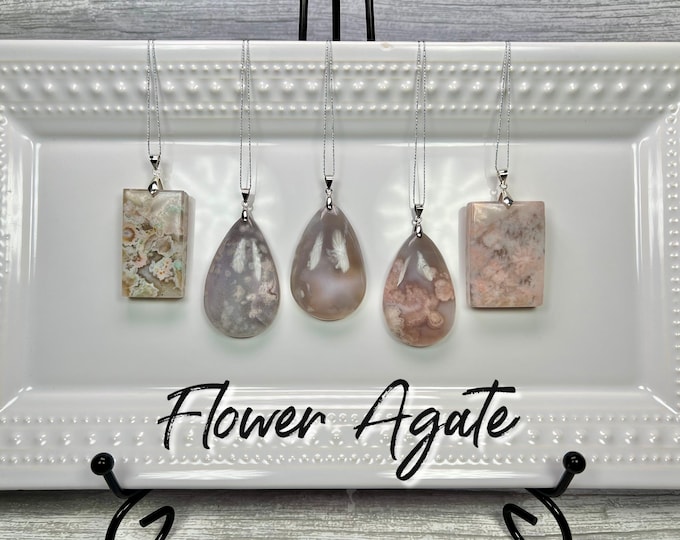 Flower Agate Pendant, Pink Flower Agate Pendant, Flower Agate, Sakura, 925 Silver Clasp