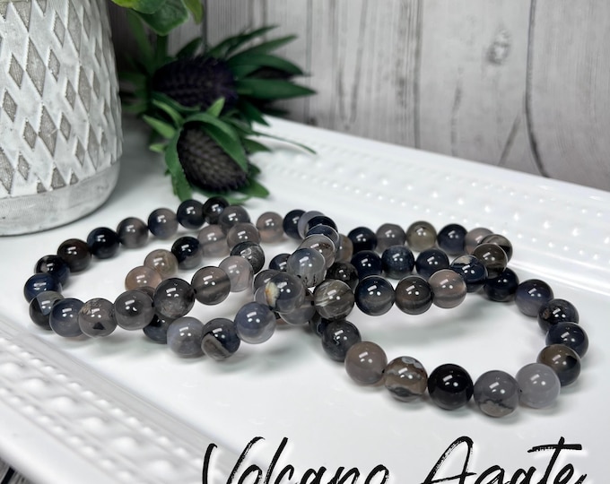 Volcano Agate Bracelet, Volcanic Agate Bracelet, UV Reactive Crystal, 10-11mm Round Beads, Root Chakra Stone