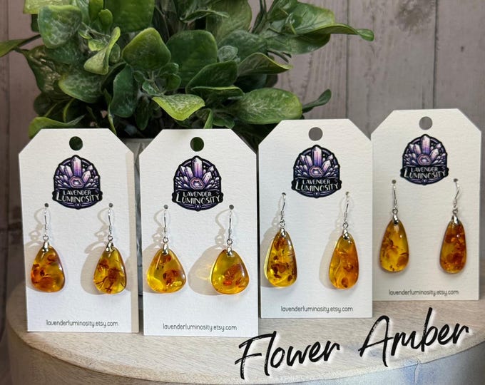 Flower Amber Dangle Earrings, Amber Drop Earrings, 925 Sterling Silver Earring Setting
