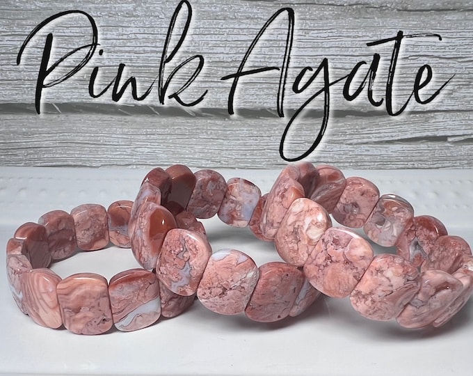 Pink Agate Soft Bangle Bracelet, Pink Agate Bangle Bracelet, Druzy Pink Agate, Rectangle Beads, Pink Agate Crystal