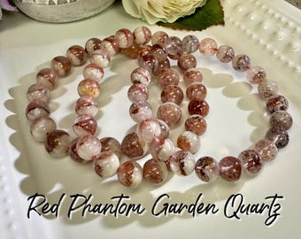 Unique Red Phantom Garden Quartz Bracelet, Phantom Quartz, 8-9mm or 9-10mm or 10-11mm Round Beads, Quartz Crystal Bracelet