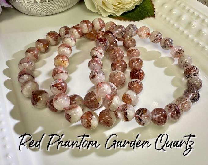 Unique Red Phantom Garden Quartz Bracelet, Phantom Quartz, 8-9mm or 9-10mm or 10-11mm Round Beads, Quartz Crystal Bracelet