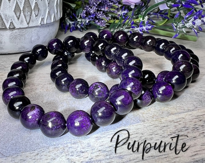 Purpurite Bracelet, Round Bead, 9mm, Flashy Purple Purpurite, Genuine Purpurite, Stone of Psychic Protection