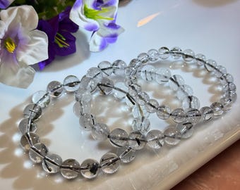 Black Tourmaline in Quartz, Black Rutilated Quartz Bracelet, Rutilated Quartz, 8mm or 10mm Round Beads