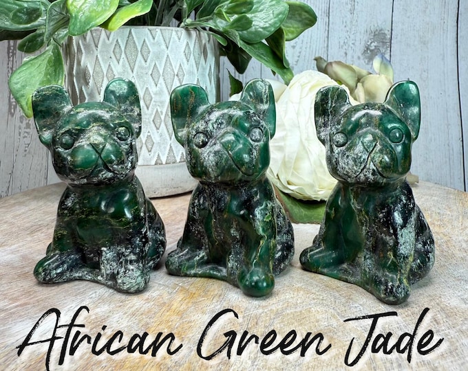 African Green Jade French Bulldog Carving, "African Emerald" Carving, African Jade Frenchie