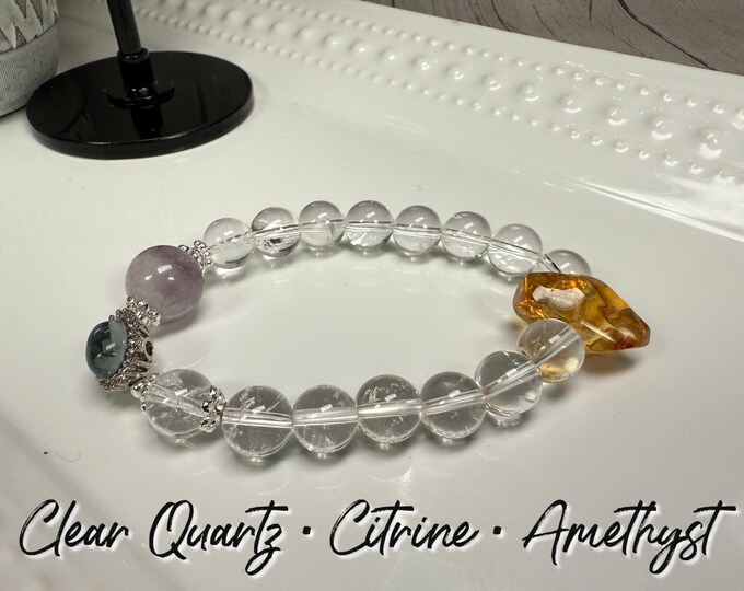 Clear Quartz with Amethyst and Citrine DT Bracelet, DIY Crystal Bracelet, White Copper Accent Beads (LLB23)