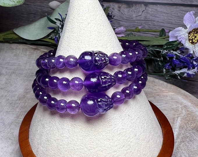 Amethyst Lucky Pixiu Dragon Bracelet, 6mm Round Bead Bracelet