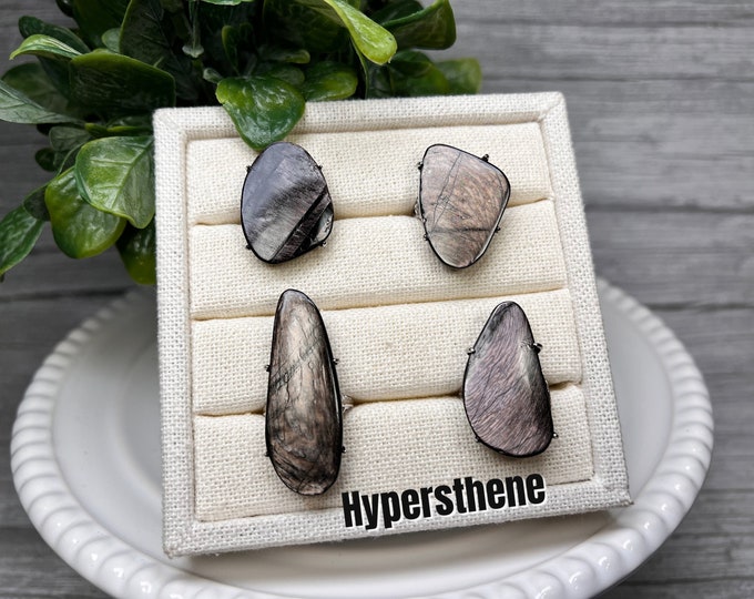 Flashy Hypersthene Ring, Freeform Shape Hypersthene Ring, Large Hypersthene Ring, 925 Sterling Silver Adjustable Band