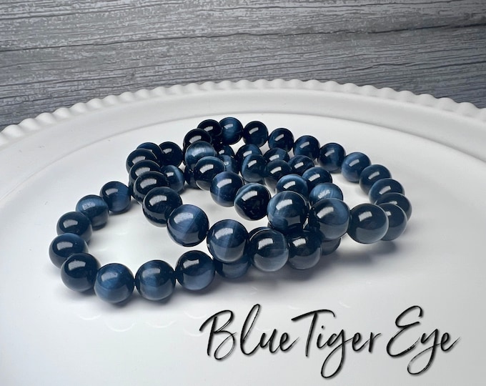 High Quality Blue Tiger Eye Bracelet, Blue Tiger Eye Crystal, 10mm Round Beads, Crystal Bracelet