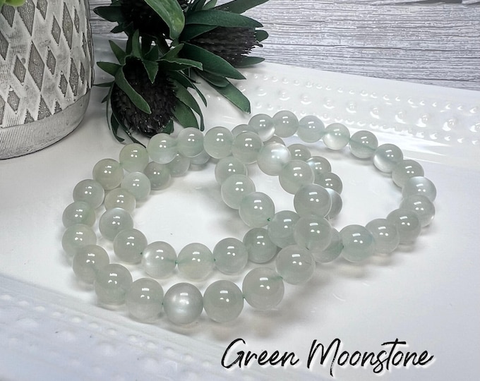 Green Moonstone Bracelet, 10-11mm Round Beads, Flashy Light Green Moonstone